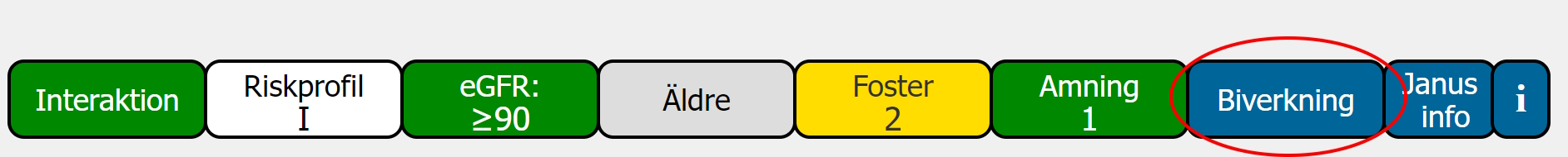 Bild som visar knappraden med Biverkning markerad