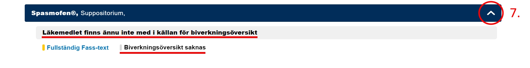Bild som visar om biverkningsöversikt saknas och Fass-text finns.