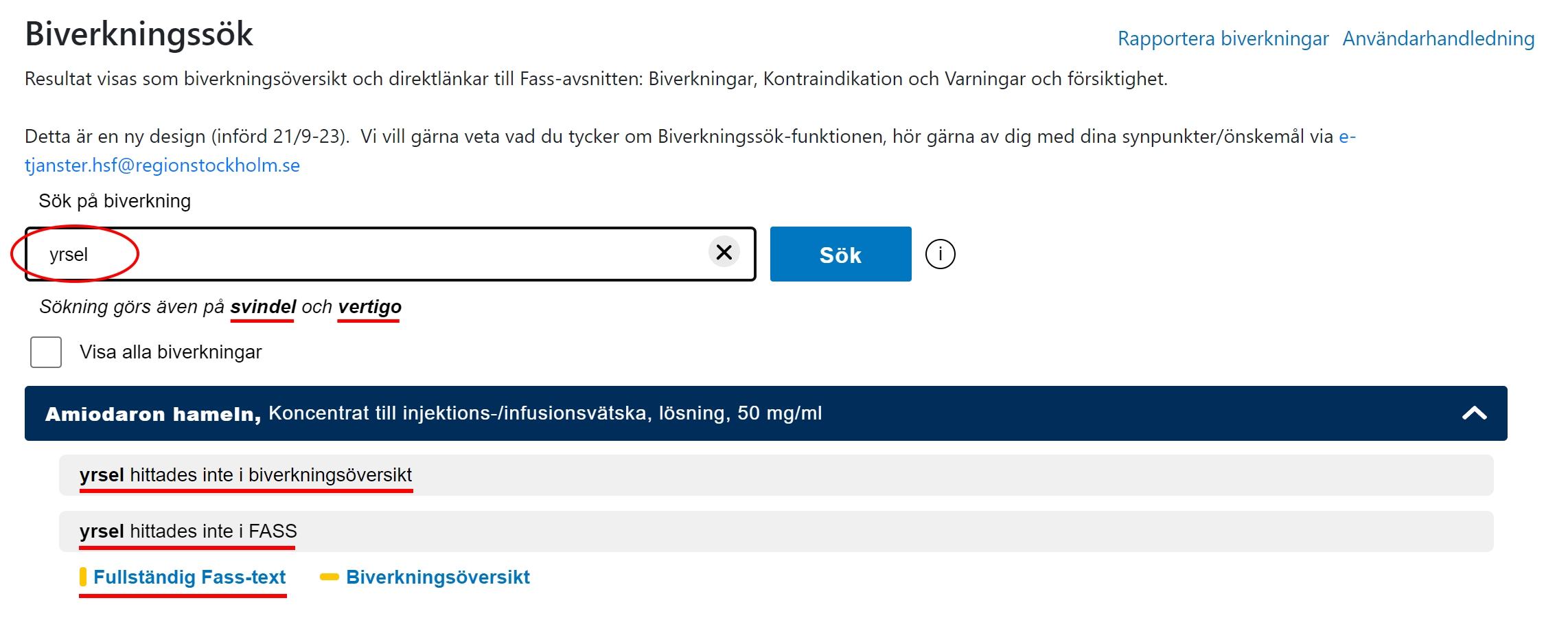 Bild som visar när sökning inte ger träff i biverkningsöversiken eller i Fass.