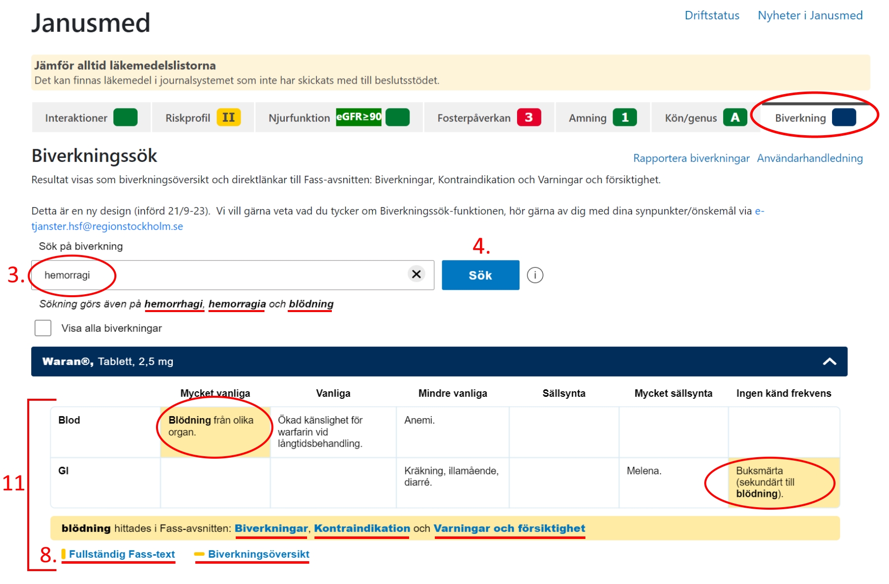 Bild på synonymsökning i Janusmed biverkning.