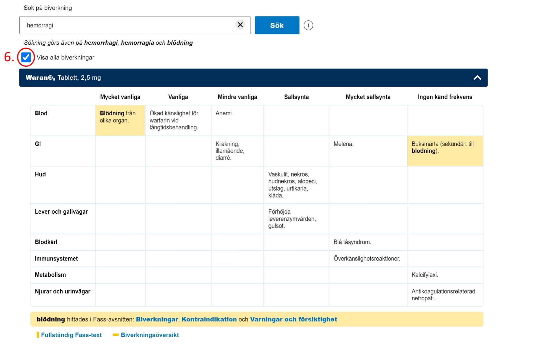 Bilden visar hur det ser ut när man klickar upp alla biverkningar