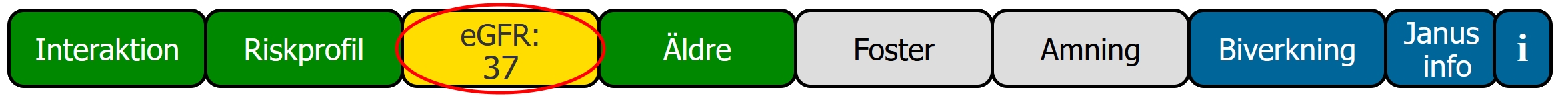 Janusmed njurfunktion markerat i knappraden, eGFR 37