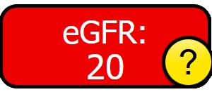 Njurfunktion, röd knapp med beräknat eGFR, 20 och frågetecken.