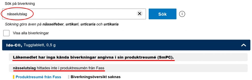 Bilden visar att läkemedlet inte har några kända biverkningar och att sökningen inte gav träff i produktresumén från Fass