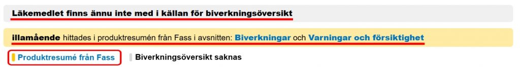 Bilden visar ett läkemedel som inte är med i källan för biverkningsöversikt, men träff fås i flera avsnitt i produktresumén från Fass.