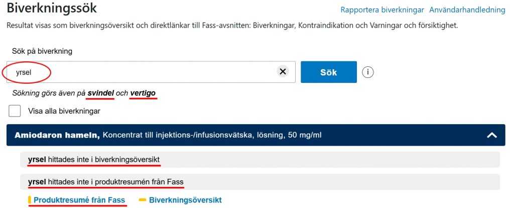 Bild som visar när sökning inte ger träff i biverkningsöversiken eller i Fass.
